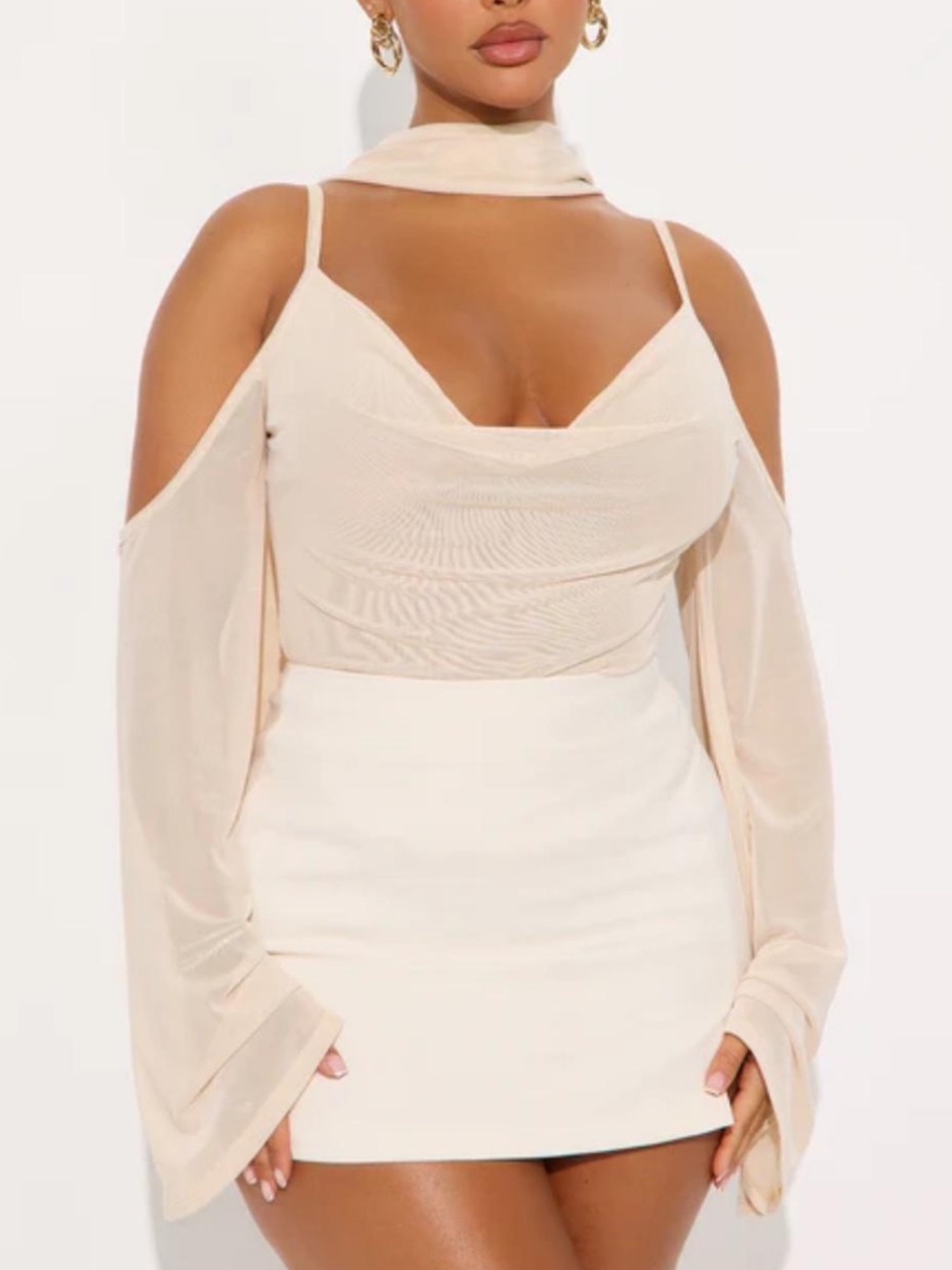 Fashion Nova Cream Cold-Shoulder Draped Cami Top